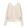 Elegante suéter de punto blanco crema con cuello en V, mangas murciélago y puños de canalé - S / Blanco