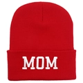 Bright red rib-knit beanie with white MOM embroidery on the cuffed winter hat - MOM / Red