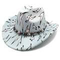 Light blue cowboy hat with black bird prints and ethnic beaded charm decorative band - M (56-58cm) / Pinch Front Blue