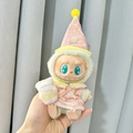 Labubu plush doll in pink fluffy pajamas with yellow pompom hat for second-gen blind box - Pink And Yellow Baby Sleepy Three-piece Set / First And Second Generation Keychains Are Compatible With La Cloth Dolls. Dolls Not Included.