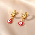 Golden stainless steel hoop earrings with red enamel evil eye pendant charm - Red