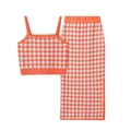 Conjunto de punto a cuadros naranja y blanco con top de tirantes y falda de tubo con raja - Talla única / Naranja