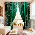Detalle del estampado 3D de pinos plateados en cortinas de terciopelo verde oscuro con ojetes - Verde Oscuro Pino y Diamante / 142*160CM