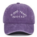 Vooraanzicht van paarse katoenen baseballpet met 'IN DOG YEARS I'M DEAD' borduursel - Verstelbaar / Paars