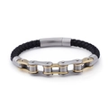 Herren Lederarmband mit silberner und goldener Fahrradkette auf weißem Hintergrund - Zweifarbiger Gold-Stil (KB109014-K)