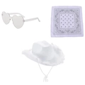 Set tre pezzi con cappello da cowboy bianco con piume, occhiali a cuore e bandana - Set 3 Pezzi Bordo Piume Bianco