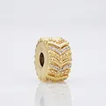 Golden heart charm bead with V-shaped white zircon inlay and beaded edge design - Gold V-Texture White Zirconia Charm