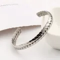 Silver stainless steel C-cuff bracelet with wheat ear woven texture engraving - Wheat Ear Bracelet / Silver