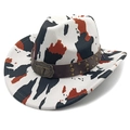 Close-up of cattle print cowboy hat with brown leather band and bull head metal buckle - M (56-58cm) / Fedora Top Cow Print White