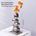 Silver pebble-shaped mirrored vase with orange poppy flower height 24.5cm - Silver Vase + 1pc Orange Poppy