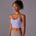 Close-up of lavender high-impact sports bra showing soft nylon texture and slim straps - S / Tops / Lavender