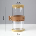 Modern 15cm tall glass hydroponic vase with brown leather strap and wooden base - Cylinder (8*15cm) with Brown Strap & Bamboo Mat