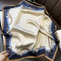 Elegant navy and beige silk scarf featuring Triomphe pattern and golden chain detail - 70*70cm / 30214-Dark Blue Triomphe