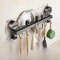 Wall-mounted kitchen suction rack with 6 hooks and knife holder, 30cm black finish - Double Bar 30cm/6 Hooks/Gun Grey