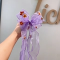 Barrette à nœud en organza violet avec fleurs brodées et longs rubans pour filles - Violet