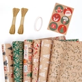 Brown kraft Christmas wrapping paper set with reindeer prints, twine and stickers - Set 7