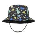 Detail of black kids sun hat featuring dinosaur prints and adjustable chin strap - Size M (Head 50cm) / Dinosaur