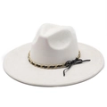 Detail of white suede fedora hat with gold chain link and black ribbon bow accent - Off White