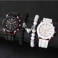 Matching couple watch set with Geneva quartz dials and magnetic heart bead bracelets - Couple Watches + Magnetic Heart Bracelet / Set 9