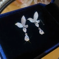 Silver butterfly drop earrings with pavé wings and pear-cut stones in a velvet box - 70# Silver Needle - Silver Color.