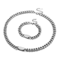 Silver chunky Cuban chain necklace and bracelet set with rectangular nameplates - Necklace & Bracelet Set / Steel Color (KS139928-KLX)