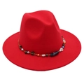 Detail of red wide-brim fedora hat featuring an ethnic handmade beaded decorative band - One Size / Red (Obsidian Decoration)