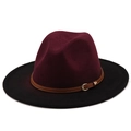 Klassieke tweekleurige fedora hoed van bordeaux en zwart wolvilt met een bruine leren riem - M (56-58cm) / Wijnrood/Zwart Gradiënt (03)