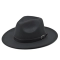 Classic black wide brim wool fedora hat featuring a leather band with silver metal buckle - Black