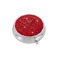 Portable silver metal pill box with red rhinestones in a 45-degree angle view - Red