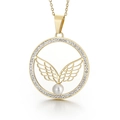 Colgante de alas doradas con perla blanca y circonitas sobre fondo blanco - Estilo de Alas de Perlas Redondas Doradas (KP44947-K)