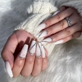 White matte coffin press on nails featuring elegant heart patterns and sparkling rhinestones - Matte White Heart Rhinestone Style (JP1679)