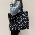 Black canvas tote bag with white cat illustration and Mi Mi print for daily use - MIMI Cat - Black