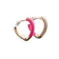 Golden heart hoop earrings with bright pink enamel and sparkling clear zircon stones - Deep Pink