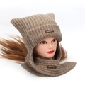 Detail view of brown ribbed knit hooded scarf hat with ear flaps on mannequin model. - Dark Coffee