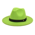 Detail of neon green wool fedora with black faux leather band and gold metal stud - M (56-58cm) / Fruit Green