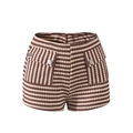 Dettaglio ravvicinato di pantaloncini a righe in maglia con bottoni metallici decorativi - S / Marrone