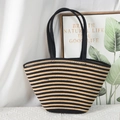 Summer woven tote bag featuring bold black and yellow stripes with durable handles - 45*25cm / Black Khaki Stripes