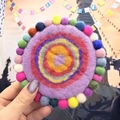 Handmade colorful felt stone coaster with vibrant multi-color wool balls for heat insulation - Purple Base (Random Colored Circles)