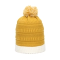 Detalle del tejido de punto acanalado bicolor amarillo y blanco con pompón suave - Jengibre / Blanco