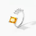 Adjustable silver steel ring featuring large yellow rectangle stone and tiered side gems - Silver + Yellow Zircon (PBJ465)