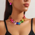 Close-up of multicolor rectangular crystal necklace and earring set on a female model - Rectangle Colorful Crystal + Earrings