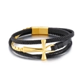 Bracciale multistrato in pelle nera intrecciata con croce Ankh dorata e chiusura magnetica - Oro (KB156944-KLHQ)