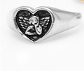 Vintage silver gothic heart ring featuring a detailed angel relief in stainless steel - US 5 / Angel Baby Heart Steel Color