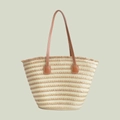 Handgemaakte geweven strooien shopper met streepjespatroon en bruine leren handvaten - Dubbele Processtrepen (Groot) / 45*15*30cm