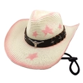 Detail of western straw cowboy hat featuring silver bull head logo and pink star patterns - M (56-58cm) / Cream