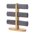 Three-tier bamboo jewelry display stand with gray velvet cylinders for watches and bracelets - Grey Velvet
