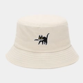 Cream canvas bucket hat with embroidered funny black cat cartoon and wide brim sun shield - M (56-58cm) / Beige