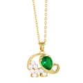 Cute elephant pendant necklace with green pear gem and small pearls on gold chain - Green