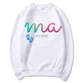 Mama Est 2025 white long sleeve hoodie with colorful art text and blue baby footprints - White