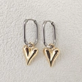 Boucles d'oreilles bicolores avec anneaux argentés et breloques cœur doré poli - Cerceau Argent Long Cœur d'Or (SH035)